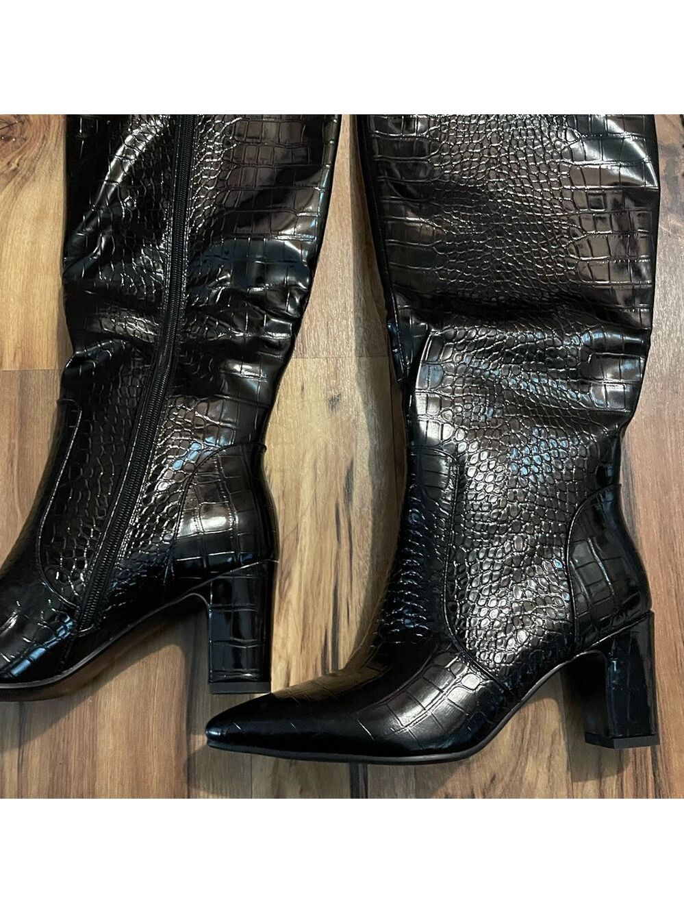Women's Black Croc-Embossed Knee Boots - Picture 4 of 17